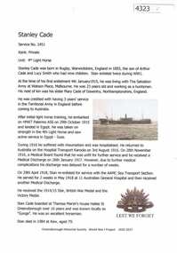 Article, Greensborough Historical Society et al, Stanley Cade, 1914-1918