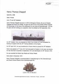 Article, Greensborough Historical Society et al, Henry Thomas Chappell, 1914-1918