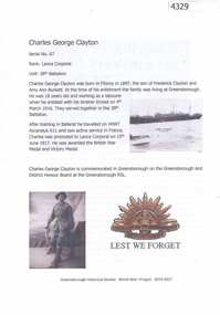 Article, Greensborough Historical Society et al, Charles George Clayton, 1914-1918