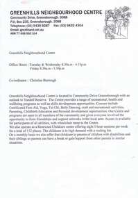Document collection, Christine Burroughs, Greenhills Neighbourhood Centre 1983-2015, 1983-2015