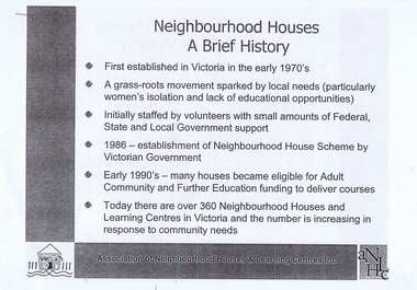 Document collection, Association of Neighbourhood Houses and Learning Centres Inc, Neighbourhood Houses 1970-2015, 1970-2015
