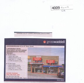 Newspaper Clipping, Diamond Valley Leader, 85 & 87 Main Street Greensborough [advertisement], 15/06/2016