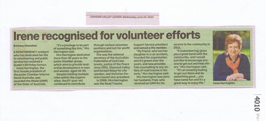 Newspaper Clipping, Diamond Valley Leader, Irene recognised for volunteer efforts, 15/06/2016