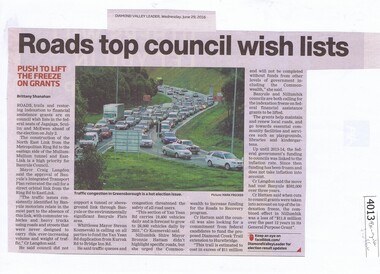 Newspaper Clipping, Diamond Valley Leader, Roads top council wish lists, 29/06/2016