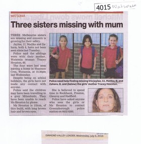 Newspaper Clipping, Diamond Valley Leader, Three sisters missing with mum, 06/07/2016
