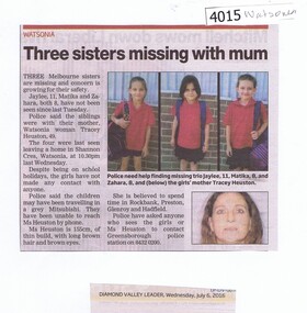 Newspaper Clipping, Diamond Valley Leader, Three sisters missing with mum, 06/07/2016