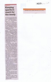 Newspaper Clipping, Diamond Valley Leader, Keeping sports in reach for needy, 13/07/2016