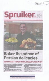 Newspaper Clipping, Diamond Valley Leader, Baker the prince of Persian delicacies, 20/07/2016