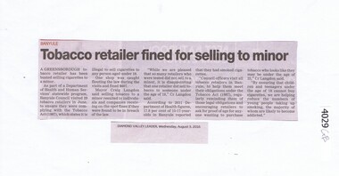 Newspaper Clipping, Diamond Valley Leader, Tobacco retailer fined for selling to minor, 03/08/2016