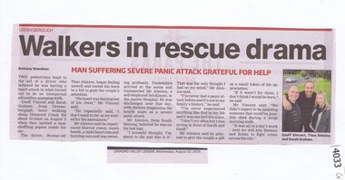 Newspaper Clipping, Diamond Valley Leader, Walkers in rescue drama, 10/08/2016