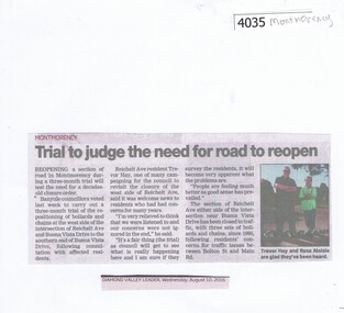 Newspaper Clipping, Diamond Valley Leader, Trial to judge the need for road to reopen, 10/08/2016