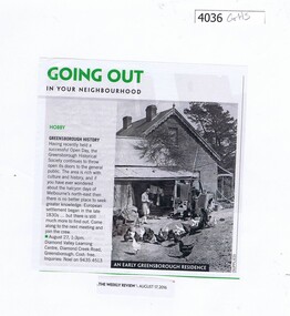 Newspaper Clipping, The Weekly Review, Going out in your neighbourhood: Greensborough History, 17/08/2016