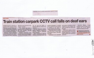 Newspaper Clipping, Diamond Valley Leader, Train station carpark CCTV call falls on deaf ears, 17/08/2016