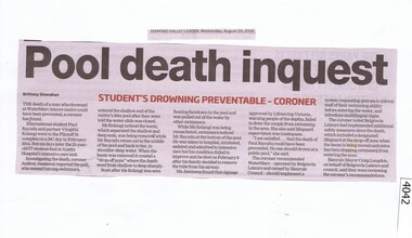 Newspaper Clipping, Diamond Valley Leader, Pool death inquest, 24/08/2016