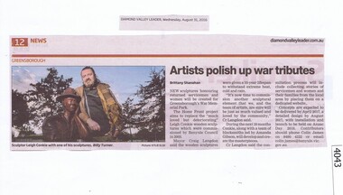 Newspaper Clipping, Diamond Valley Leader, Artists polish up war tributes, 31/08/2016