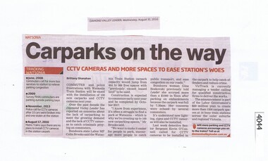 Newspaper Clipping, Diamond Valley Leader, Carparks on the way, 31/08/2016