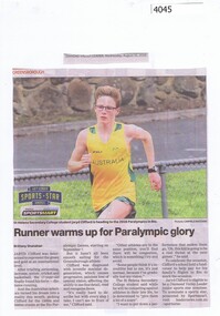 Newspaper Clipping, Diamond Valley Leader, Runner warms up for Paralympic glory, 31/08/2016