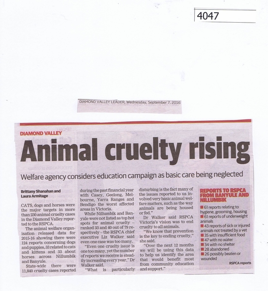 Newspaper Clipping, Diamond Valley Leader, Animal cruelty rising, 07/09/2016