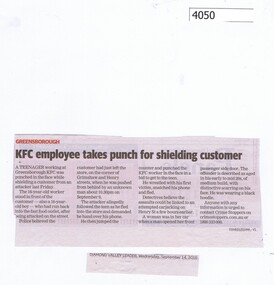 Newspaper Clipping, KFC employee takes punch for shielding customer, 14/09/2016