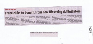 Newspaper Clipping, Diamond Valley Leader, Three clubs to benefit from new lifesaving defibrillators, 21/09/2016