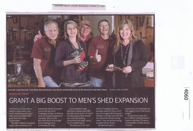 Newspaper Clipping, Diamond Valley Leader, Grant a big boost to Men's Shed expansion, 12/10/2016