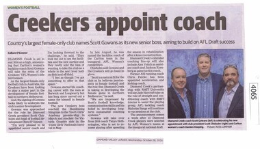 Newspaper Clipping, Diamond Valley Leader, Creekers appoint new coach, 26/10/2016