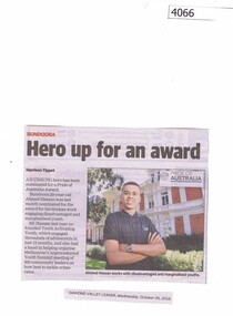 Newspaper Clipping, Diamond Valley Leader, Hero up for an award, 26/10/2016