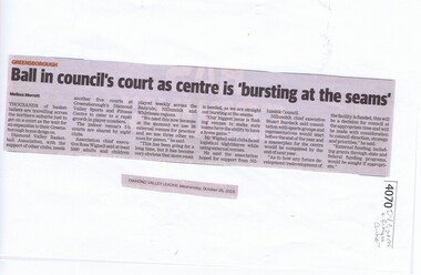 Newspaper Clipping, Diamond Valley Leader, Ball in council's court as centre is 'bursting at the seams', 26/10/2016