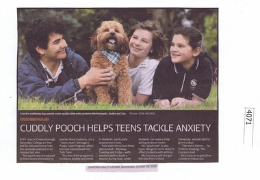 Newspaper Clipping, Diamond Valley Leader, Cuddly pooch helps teens tackle anxiety, 26/10/2016