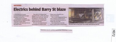 Newspaper Clipping, Diamond Valley Leader, Electrics behind Barry St blaze, 02/11/2016