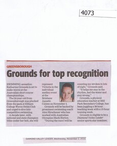 Newspaper Clipping, Diamond Valley Leader, Grounds for top recognition, 02/11/2016