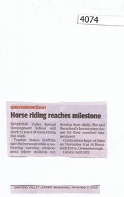 Newspaper Clipping, Horse riding reaches milestone : [Diamond Valley Special Development School DV5161], 02/11/2016