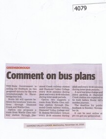 Newspaper Clipping, Diamond Valley Leader, Comment on bus plans, 16/11/2016