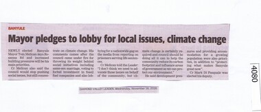 Newspaper Clipping, Diamond Valley Leader, Mayor pledges to lobby for local issues, climate change, 16/11/2016