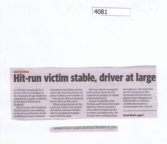 Newspaper Clipping, Diamond Valley Leader, Hit-run victim stable, driver at large, 16/11/2016