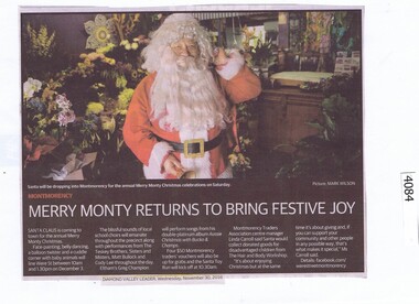 Newspaper Clipping, Diamond Valley Leader, Merry Monty returns to bring festive joy, 30/11/2016