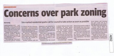 Newspaper Clipping, Diamond Valley Leader, Concerns over park zoning, 07/12/2016