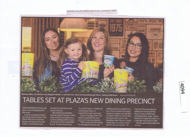 Newspaper Clipping, Diamond Valley Leader, Tables set at Plaza's new dining precinct, 07/12/2016