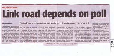 Newspaper Clipping, Diamond Valley Leader, Link road depends on poll, 14/12/2016