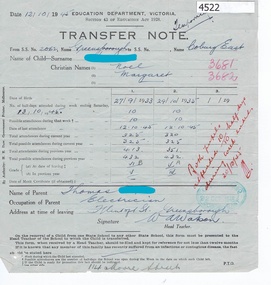 Notes, Greensborough Primary School, Greensborough Primary School Gr2062 Student Transfer Notes, 12/10/1945