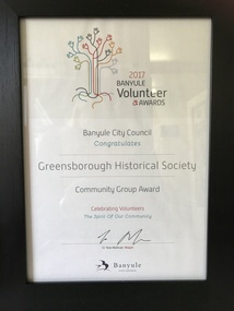 Certificate, Greensborough Historical Society Community Group Award 2017, 10/05/2017