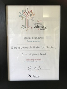 Document - Certificate, Greensborough Historical Society Community Group Award 2017, 10/05/2017
