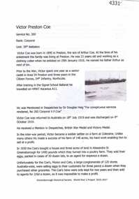 Article, Greensborough Historical Society et al, Victor Preston Coe, 1914-1918