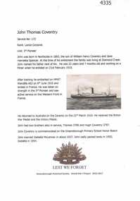 Article, Greensborough Historical Society et al, John Thomas Coventry, 1914-1918