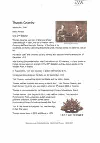 Article, Greensborough Historical Society et al, Thomas Coventry, 1914-1918