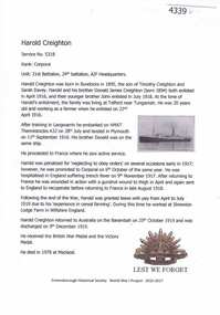 Article, Greensborough Historical Society et al, Harold Creighton, 1914-1918