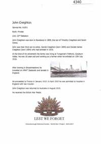 Article, Greensborough Historical Society et al, John Creighton, 1914-1918