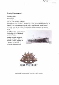 Article, Greensborough Historical Society et al, Edward James Curry, 1914-1918
