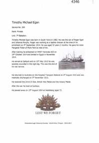 Article, Greensborough Historical Society et al, Timothy Michael Egan, 1914-1918