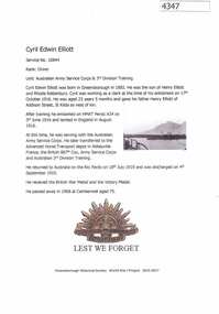 Article, Greensborough Historical Society et al, Cyril Edwin Elliott, 1914-1918